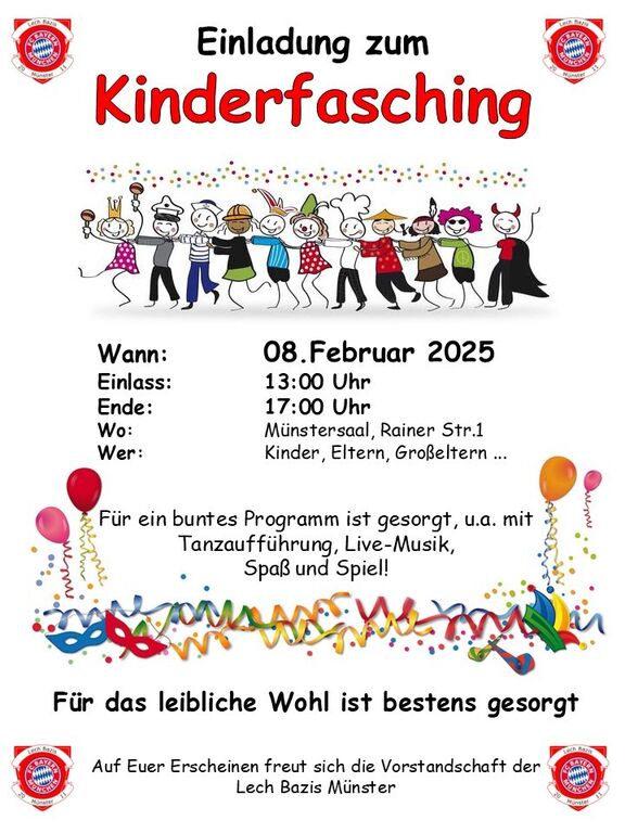 Einladung zum 1. Kinderfasching 2025 der Lech Bazis